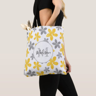 Bolsa Tote Padrão de Flor de Água Amarelo e Cinza