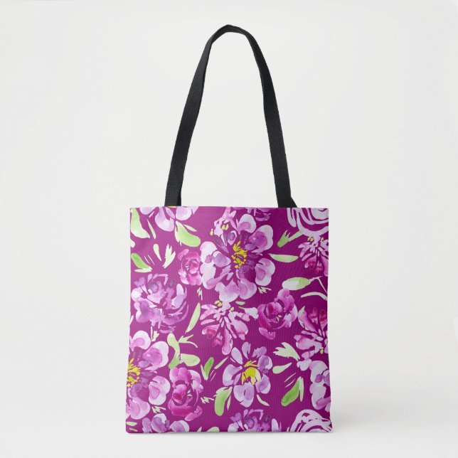 Bolsa Tote Padrão de Flor de Aquarela Púrpura Negrito (Frente)