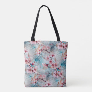 Bolsa Tote Padrão de Flor de Cereja Rosa e Azul