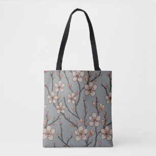 Bolsa Tote Padrão de Flor de Cinza e Rosa Vintage