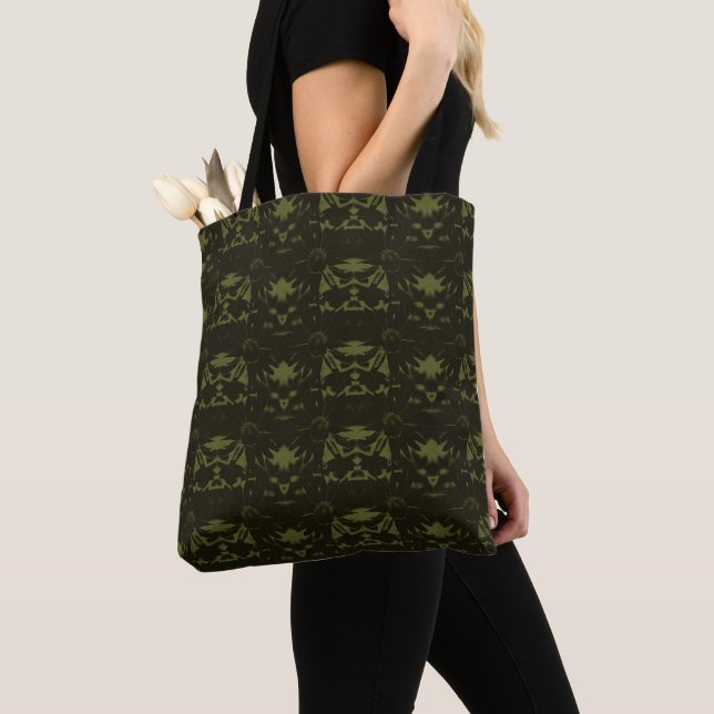Bolsa Tote Padrão de Flor de Cone Verde Sage e Hunter (Close Up)