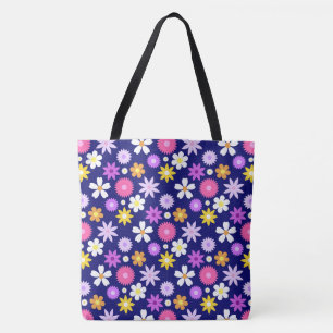 Bolsa Tote Padrão de Flor de Estilo Retroativo 70s no Azul Es