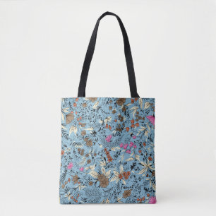 Bolsa Tote Padrão de flor de vindima, fundo azul.