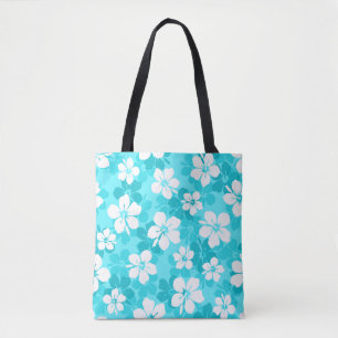 Bolsa Tote Padrão de Flor do Hibiscus Branco e Azul Tropical