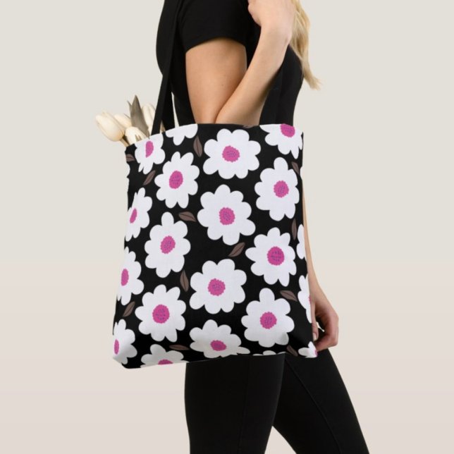 Bolsa Tote Padrão de Flor Retroativo em Branco em Preto (Criador carregado)