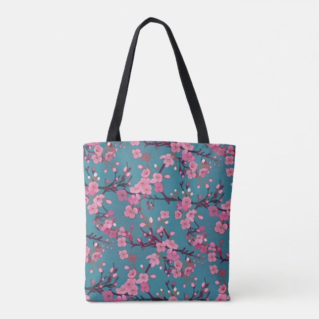 Bolsa Tote Padrão de Flor Rosa Escuro e Teal (Verso)