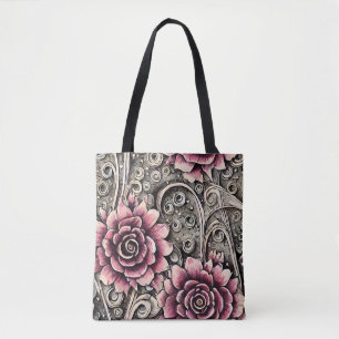 Bolsa Tote Padrão de Flor Rosa Gótico Grande Vintage