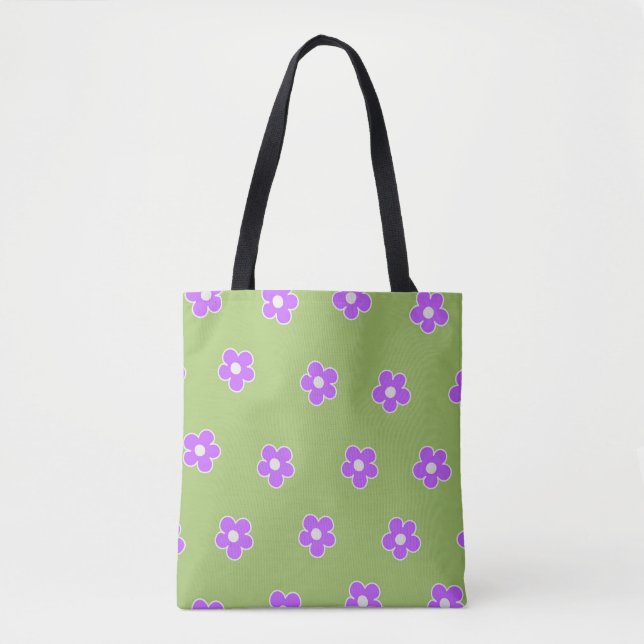 Bolsa Tote Padrão de Flor Y2K Retro Roxo Verde (Frente)