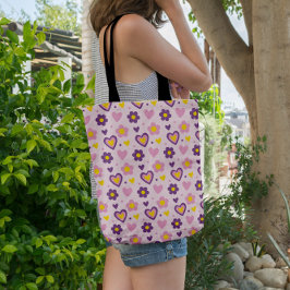 Bolsa Tote Padrão de Flores Corações Retrô Rosa, Roxo, Amarel