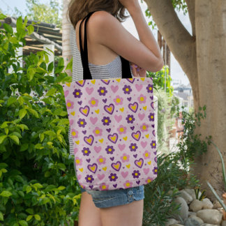 Bolsa Tote Padrão de Flores Corações Retrô Rosa, Roxo, Amarel