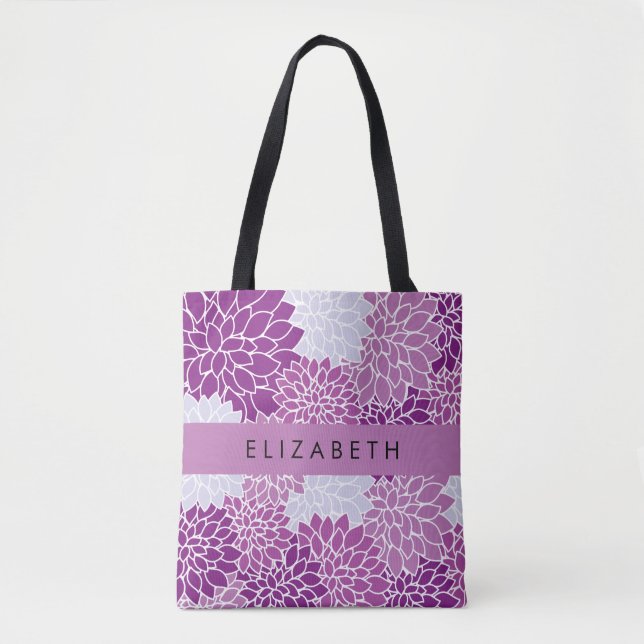 Bolsa Tote Padrão De Flores, Dália Roxa, Seu Nome (Frente)