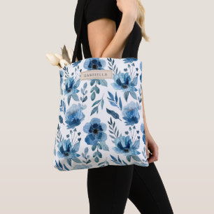 Bolsa Tote Padrão de Flores de Aquarela Azul do Marinho na mo