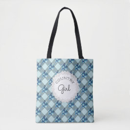 Bolsa Tote Padrão de Flores de Gingham Azul de Garota do País
