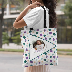 Bolsa Tote Padrão de Flores de Mola com Nome e Foto