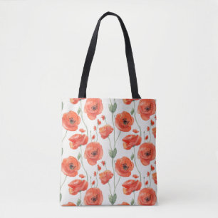 Bolsa Tote Padrão de flores de papoula em aquarela simples e