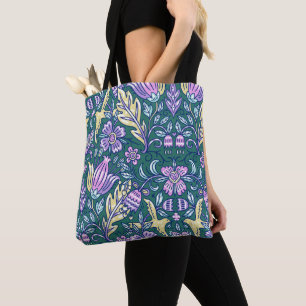Bolsa Tote Padrão de Flores e Pássaros em Estilo Antigo