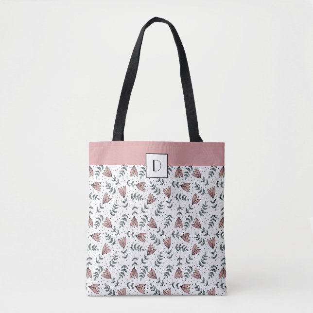 Bolsa Tote Padrão de Flores Florais Rosa Fofo Monogramado (Frente)