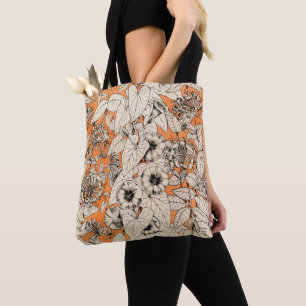 Bolsa Tote Padrão de Flores Gráficas Brancas Laranja