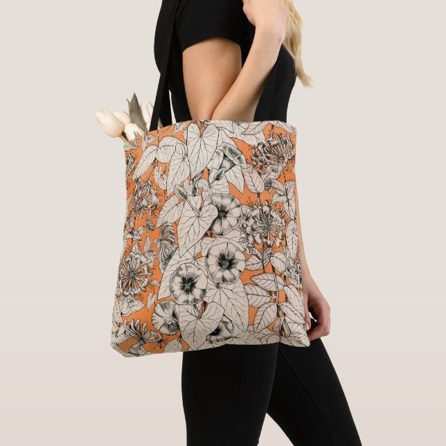 Bolsa Tote Padrão de Flores Gráficas Brancas Laranja (Close Up)