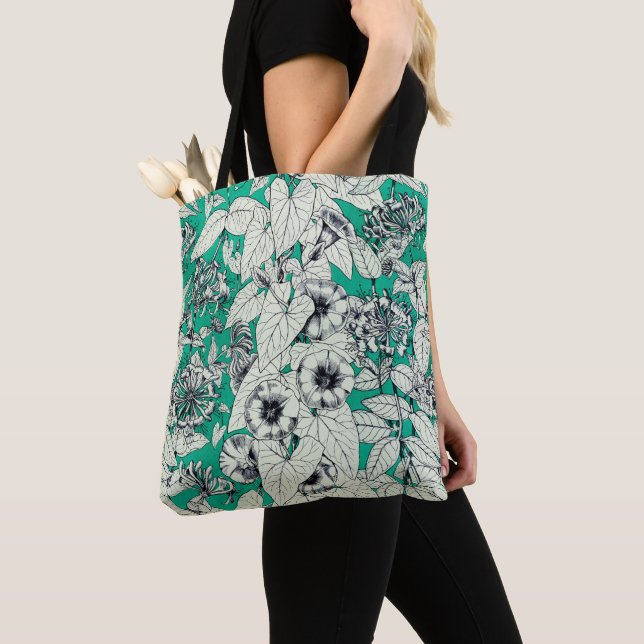 Bolsa Tote Padrão de Flores Gráficas Brancas Verde (Close Up)