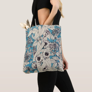 Bolsa Tote Padrão de Flores Gráficas Branco Azul