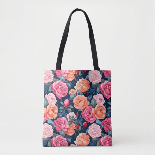 Bolsa Tote Padrão de Flores Rosas em Flor-80037  (Frente)