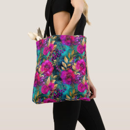 Bolsa Tote Padrão de Flores Roxas e Azul-turquesa em Aquarela