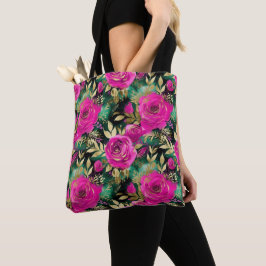 Bolsa Tote Padrão de Flores Roxas e Turquesa em Aquarela Eleg