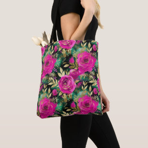 Bolsa Tote Padrão de Flores Roxas e Turquesa em Aquarela Eleg