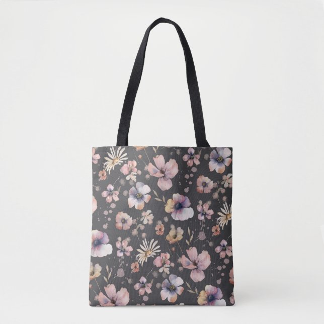 Bolsa Tote Padrão de Flores Silvestres Rosadas Aquarela Boho  (Frente)