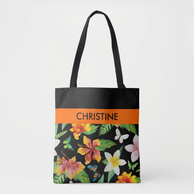 Bolsa Tote Padrão de Flores Tropicais e Borboletas (Frente)