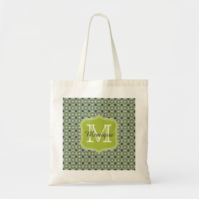 Bolsa Tote Padrão de Flores Verdes Monograma (Frente)
