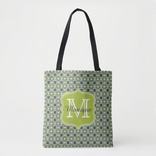 Bolsa Tote Padrão de Flores Verdes Monograma (Frente)