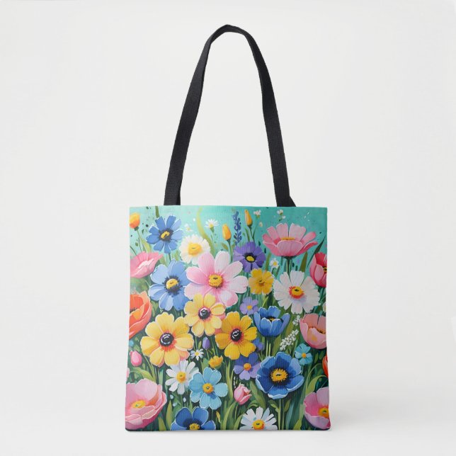 Bolsa Tote Padrão de Flores Vibrantes de Primavera em Aquarel (Frente)