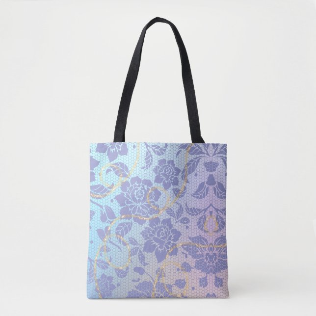 Bolsa Tote padrão de flores violetas (Frente)