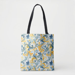 Bolsa Tote Padrão de Folha Azul e Dourada