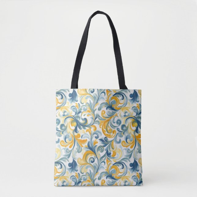 Bolsa Tote Padrão de Folha Azul e Dourada (Frente)
