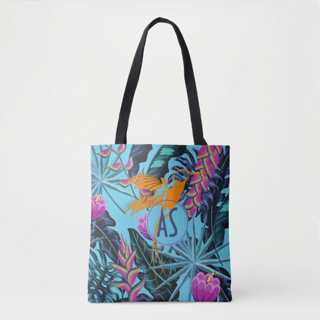 Bolsa Tote Padrão de Folhagem Tropical Brilhante com Hummingb (Frente)