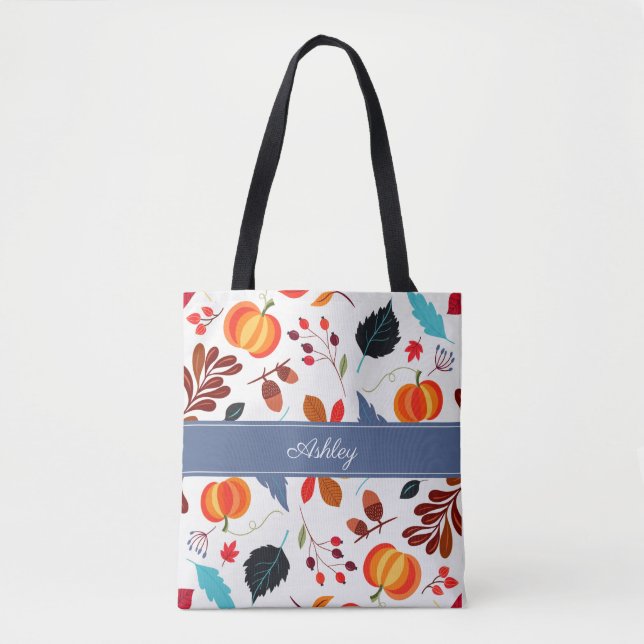 Bolsa Tote Padrão de Folhas e Abóbora Fofos (Frente)