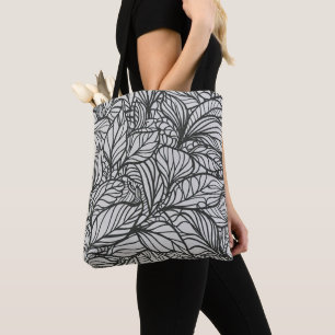 Bolsa Tote Padrão de Folhas Pretas e Brancas