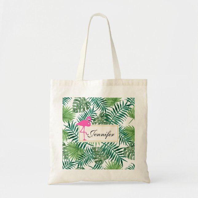 Bolsa Tote Padrão de Folhas Tropicais e Flamingo Rosa (Frente)