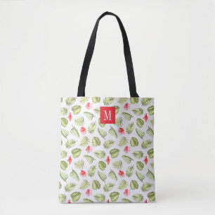 Bolsa Tote Padrão de Folhas Tropicais, Monograma, Rosa