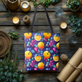 Bolsa Tote Padrão de Frutas Escuras – Citrinos e Frutas Verme