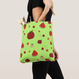 Bolsa Tote Padrão de Frutas Vermelhas Kawaii em Verde Lima
