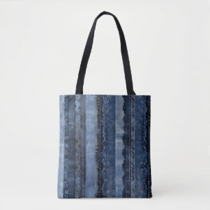 Bolsa Tote Padrão de Ganga com Listra de Renda Índigo Elegant