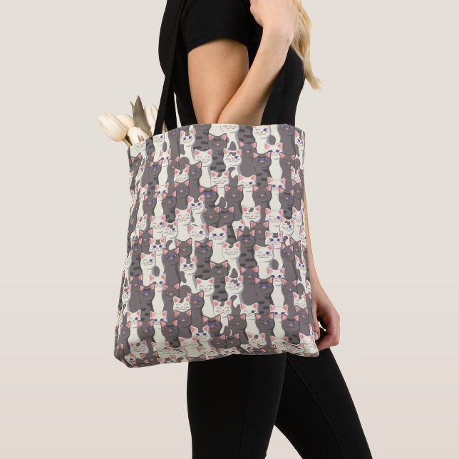 Bolsa Tote Padrão de gatos brancos e cinzas (Close Up)