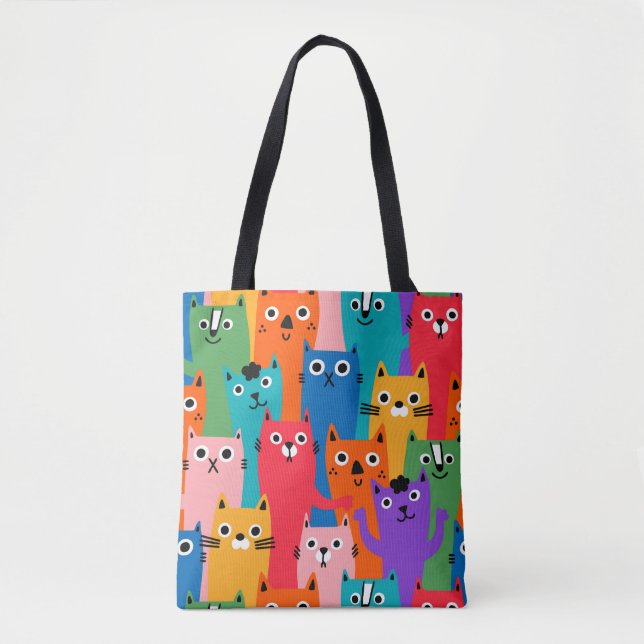 Bolsa Tote Padrão de gatos coloridos (Frente)
