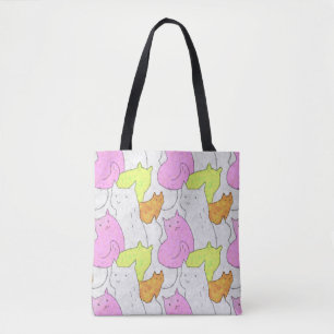 Bolsa Tote Padrão de Gatos em Aquarela Fofa com Rabiscos