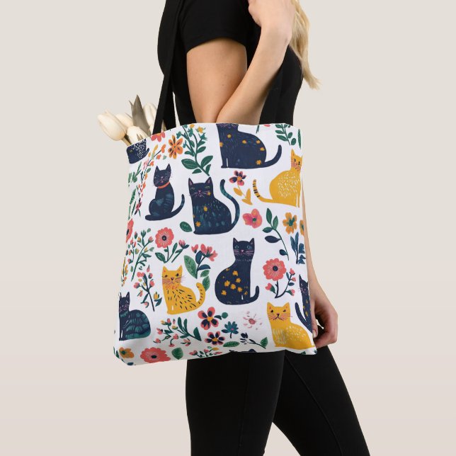 Bolsa Tote Padrão de Gatos Florais Elegante e de Gato Na moda (Close Up)