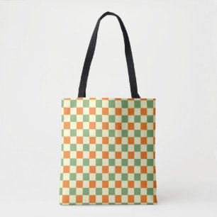 Bolsa Tote Padrão de Gingham - Laranja Verde Marrom